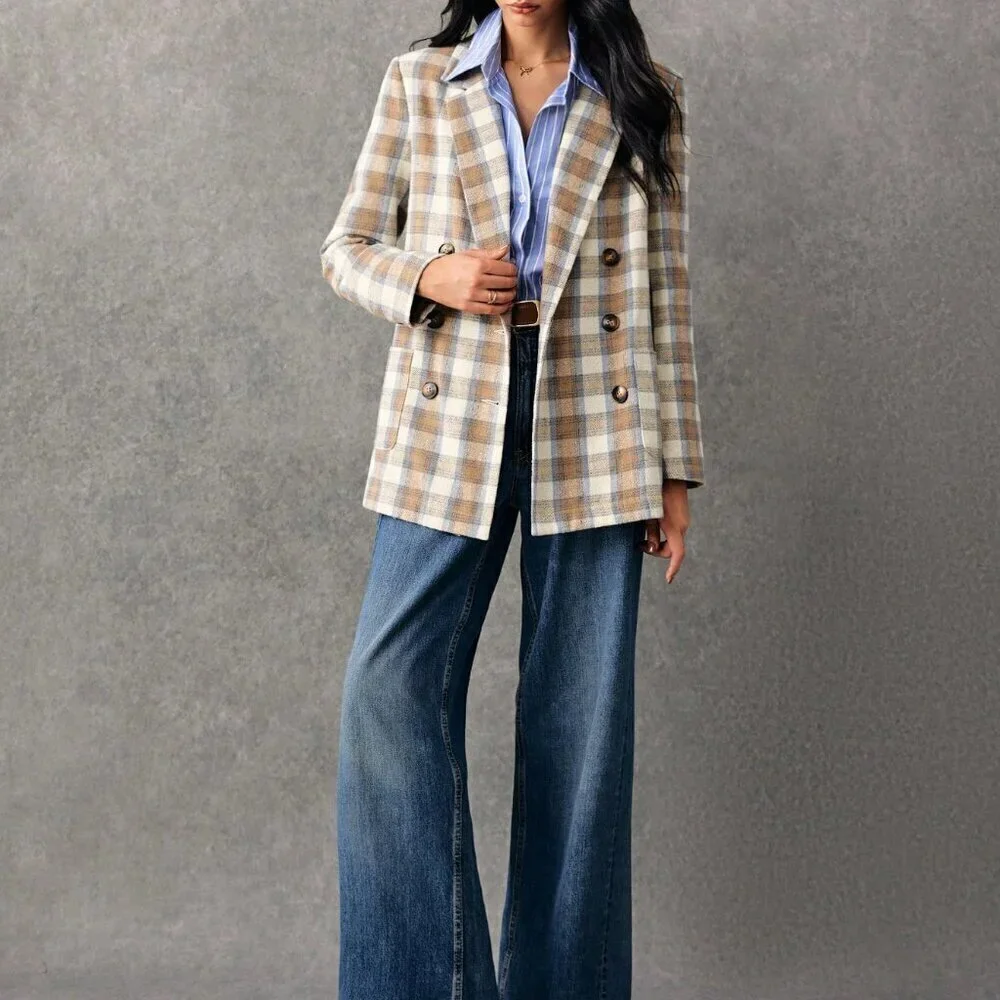 Multicolor Casual Women's Plaid Print Double-Breasted Long Sleeve Blazer Jacket